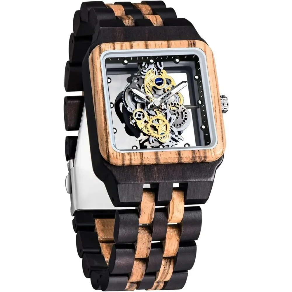 Men's Black Brown 2 Lightweight Wooden Analog Quartz Deployment Closure Watches